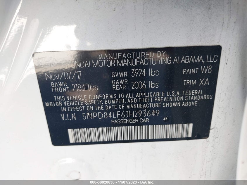 VIN 5NPD84LF6JH293649 2018 HYUNDAI ELANTRA SEL