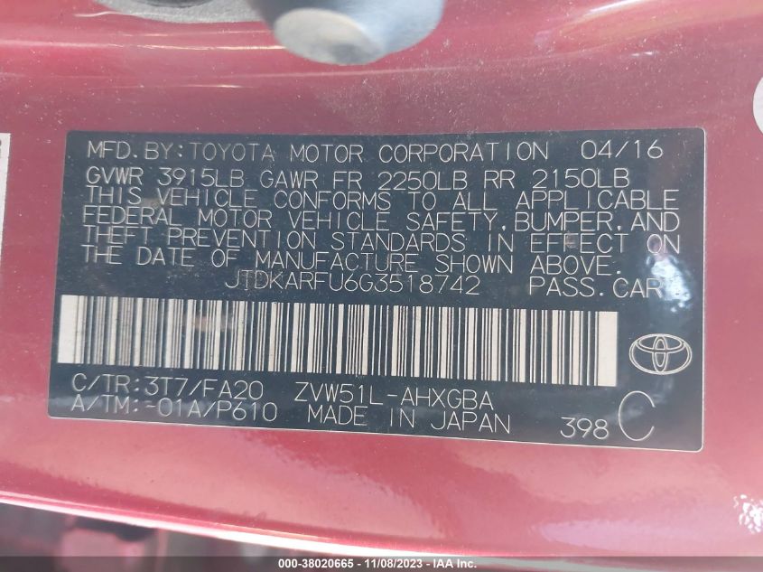 2016 TOYOTA PRIUS FOUR - JTDKARFU6G3518742