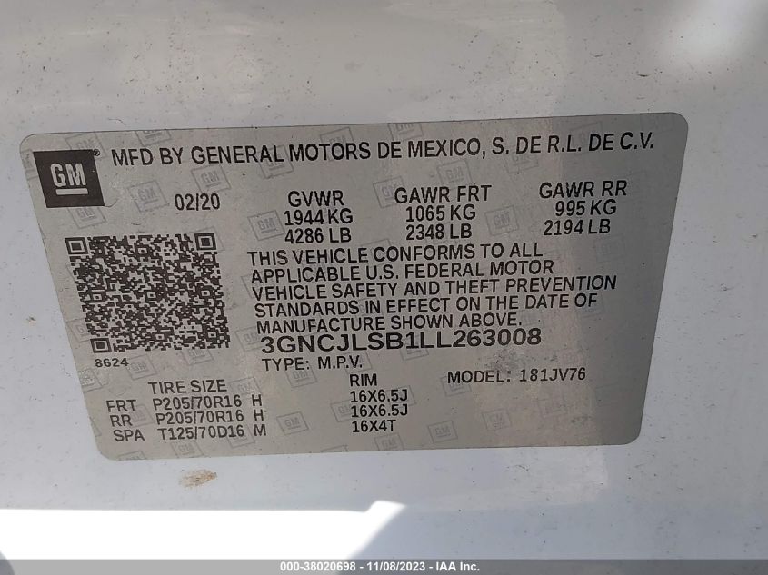 2020 CHEVROLET TRAX LT - 3GNCJLSB1LL263008