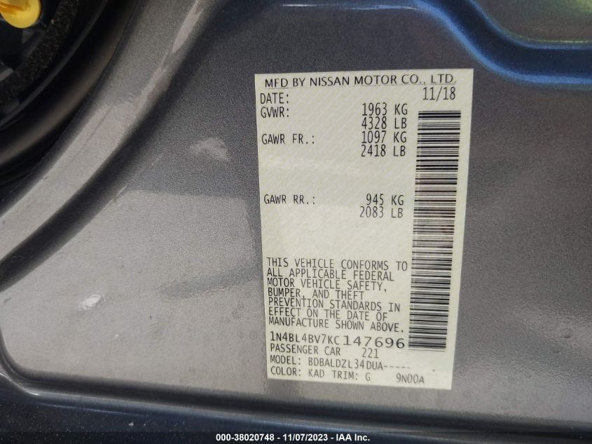 2019 NISSAN ALTIMA S - 1N4BL4BV7KC147696