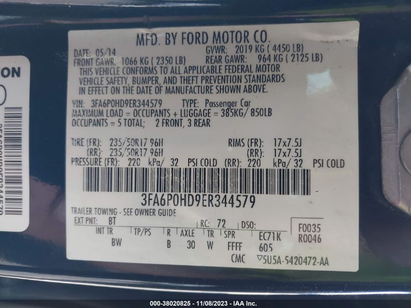 2014 FORD FUSION SE - 3FA6P0HD9ER344579