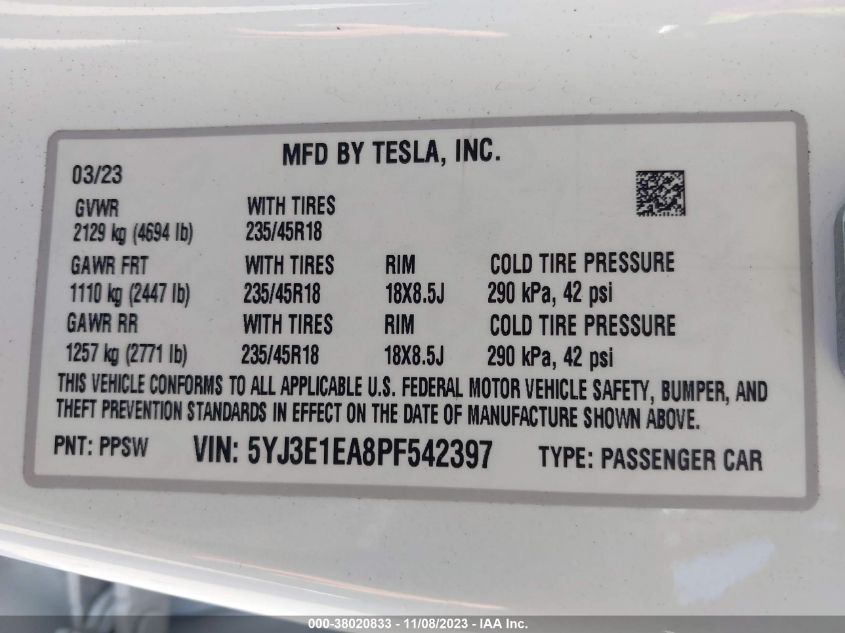 2023 TESLA MODEL 3 - 5YJ3E1EA8PF542397
