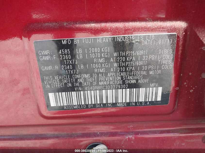 2013 SUBARU OUTBACK 2.5I PREMIUM - 4S4BRBBC3D3279302