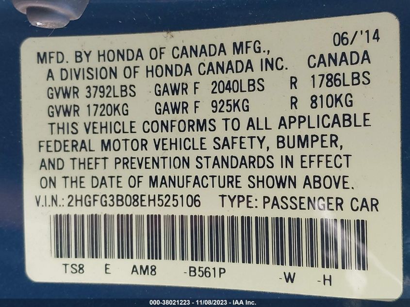 2014 HONDA CIVIC COUPE EX-L 2HGFG3B08EH525106