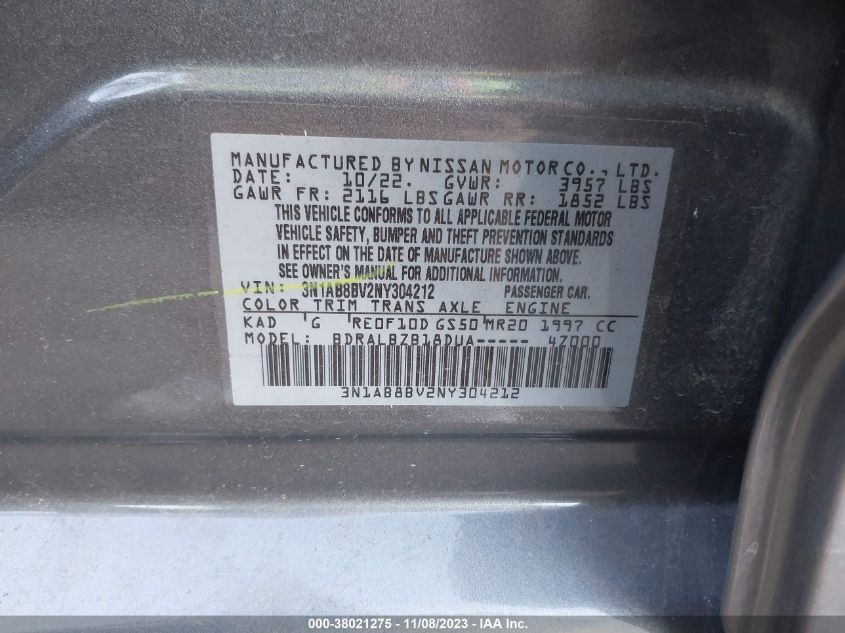 2022 NISSAN SENTRA S XTRONIC CVT - 3N1AB8BV2NY304212