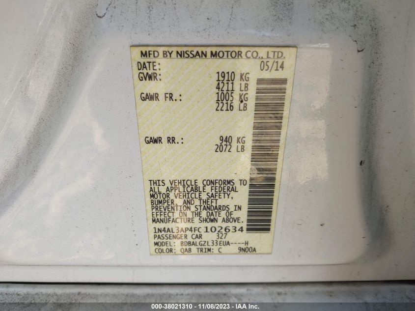 2015 NISSAN ALTIMA 2.5/S/SV/SL - 1N4AL3AP4FC102634