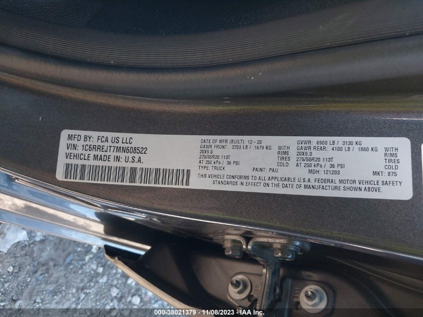 2021 RAM 1500 LARAMIE - 1C6RREJT7MN608522