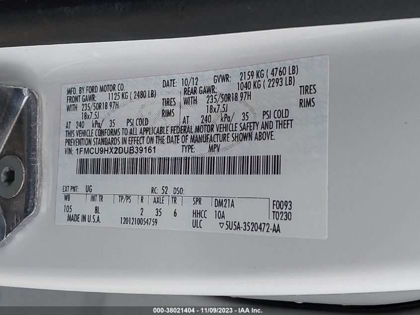 2013 FORD ESCAPE SEL - 1FMCU9HX2DUB39161