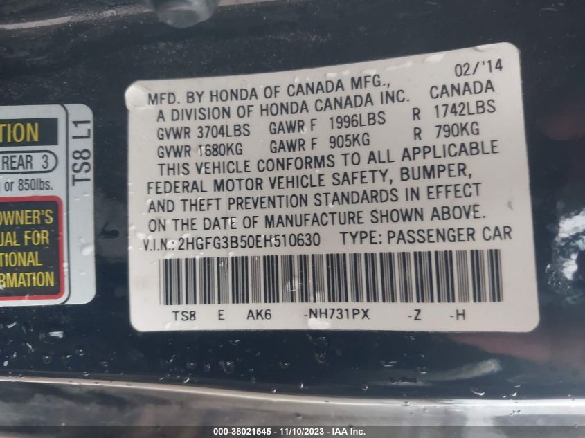 2014 HONDA CIVIC LX - 2HGFG3B50EH510630