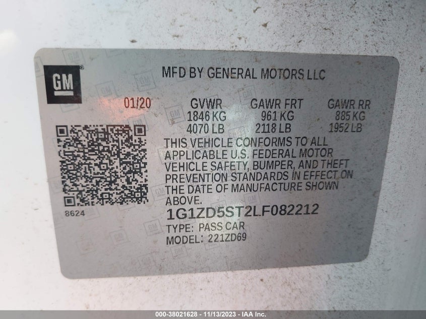 VIN 1G1ZD5ST2LF082212 2020 CHEVROLET MALIBU LT