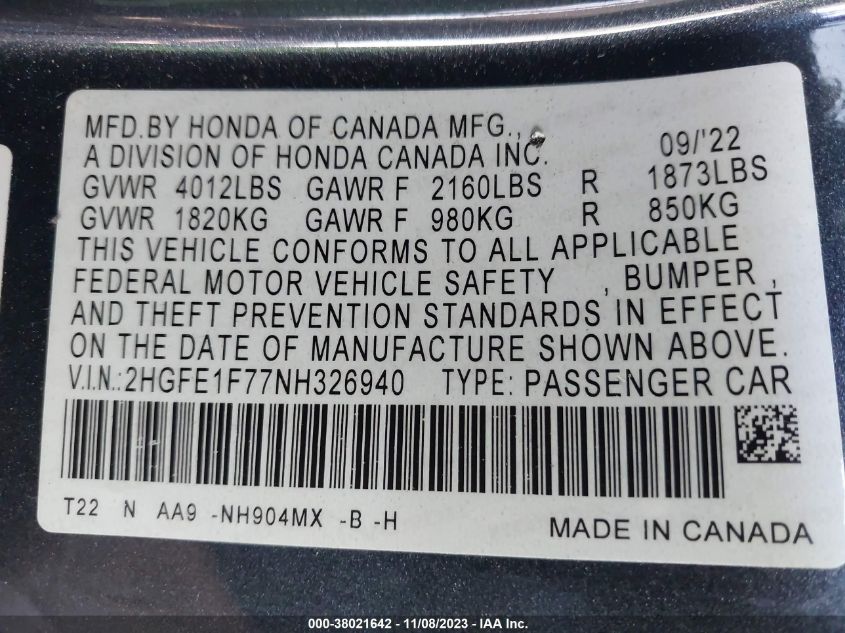 2022 HONDA CIVIC EX - 2HGFE1F77NH326940