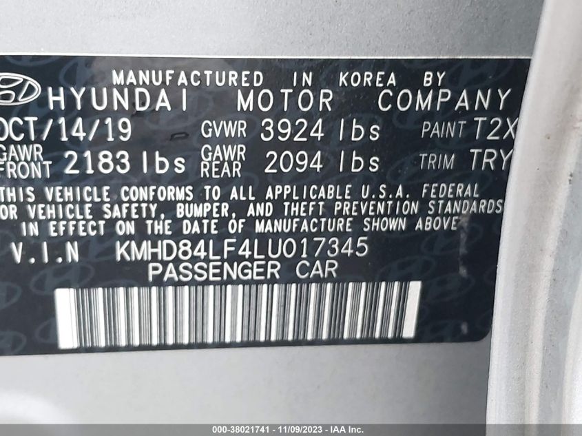 2020 HYUNDAI ELANTRA SEL/VALUE/LIMITED - KMHD84LF4LU017345