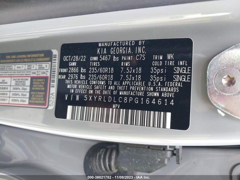 VIN 5XYRLDLC8PG164614 2023 KIA SORENTO S
