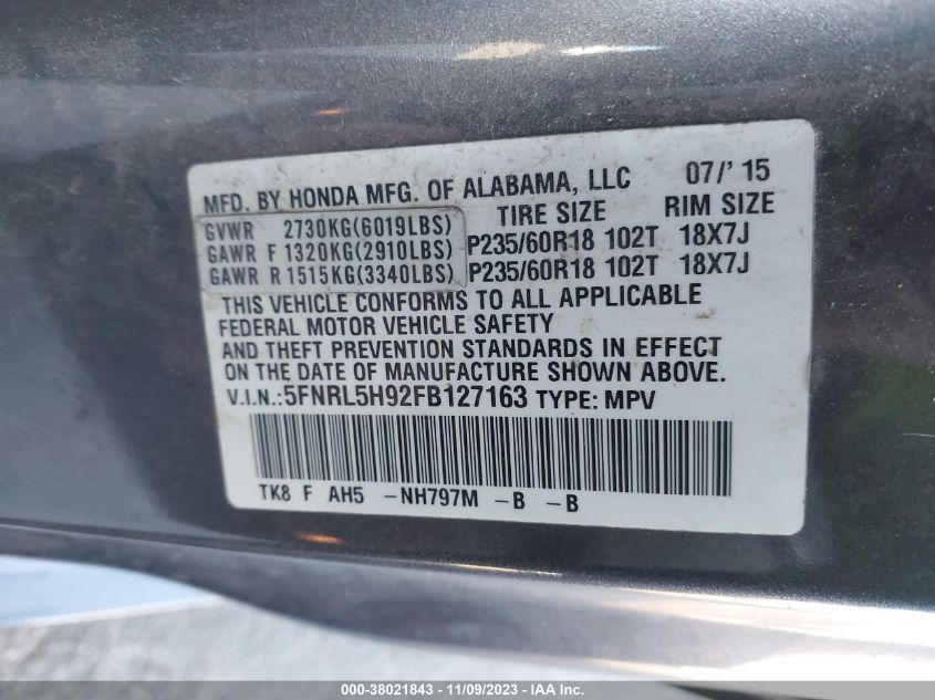 2015 HONDA ODYSSEY TOURING/TOURING ELITE - 5FNRL5H92FB127163