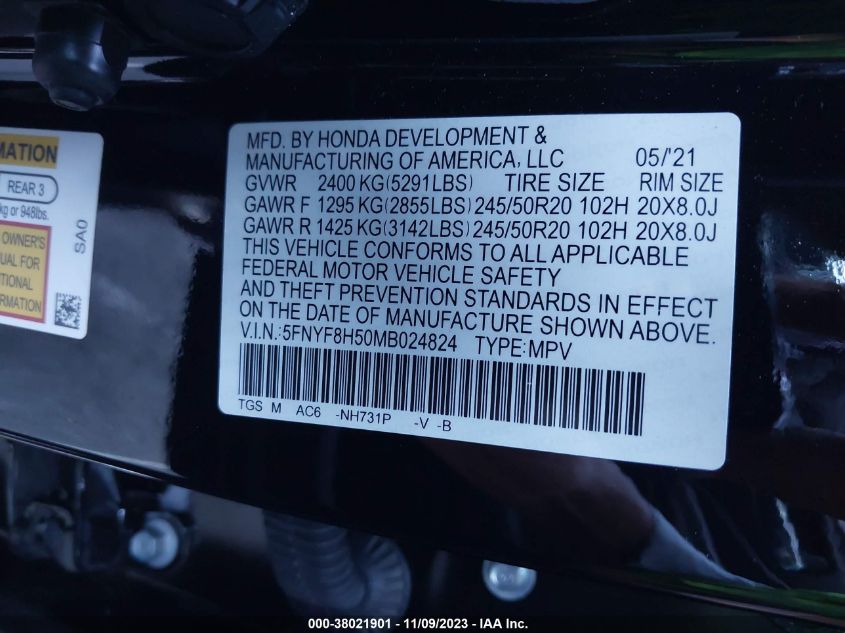 2021 HONDA PASSPORT AWD EX-L - 5FNYF8H50MB024824