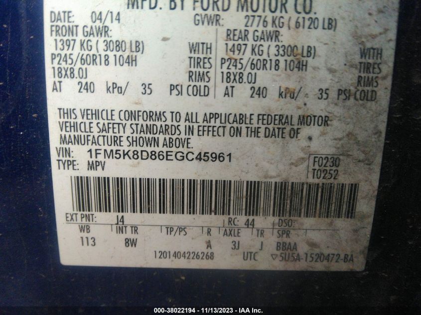 2014 FORD EXPLORER XLT - 1FM5K8D86EGC45961