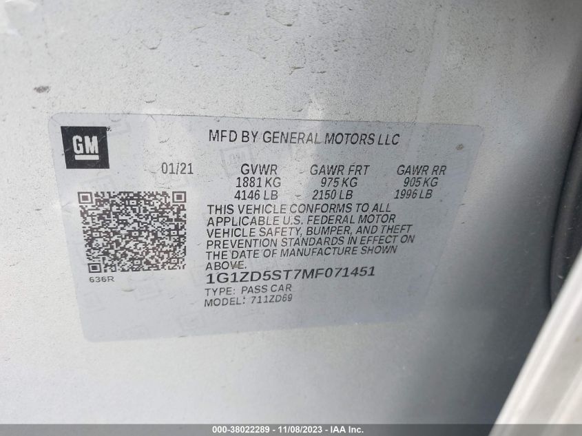 2021 CHEVROLET MALIBU FWD LT - 1G1ZD5ST7MF071451