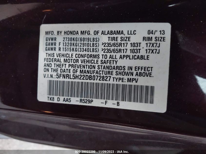 2013 HONDA ODYSSEY LX - 5FNRL5H22DB072827