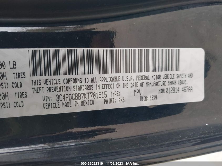 2019 DODGE JOURNEY SE - 3C4PDCBB7KT701515