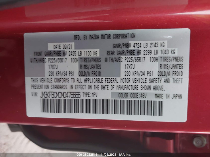VIN JM3KFBCM0M0476666 2021 MAZDA CX-5 TOURING