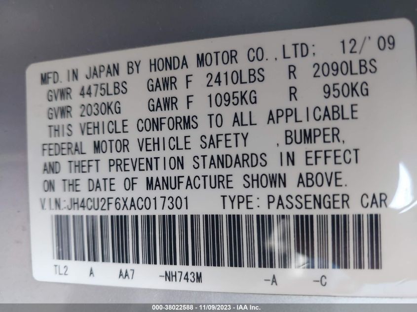 JH4CU2F6XAC017301 | 2010 ACURA TSX