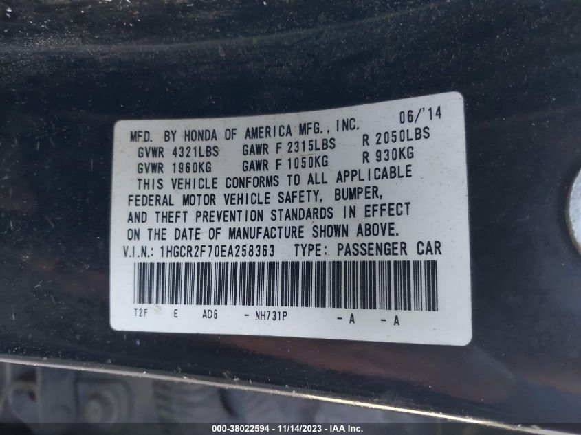 2014 HONDA ACCORD SEDAN EX - 1HGCR2F70EA258363