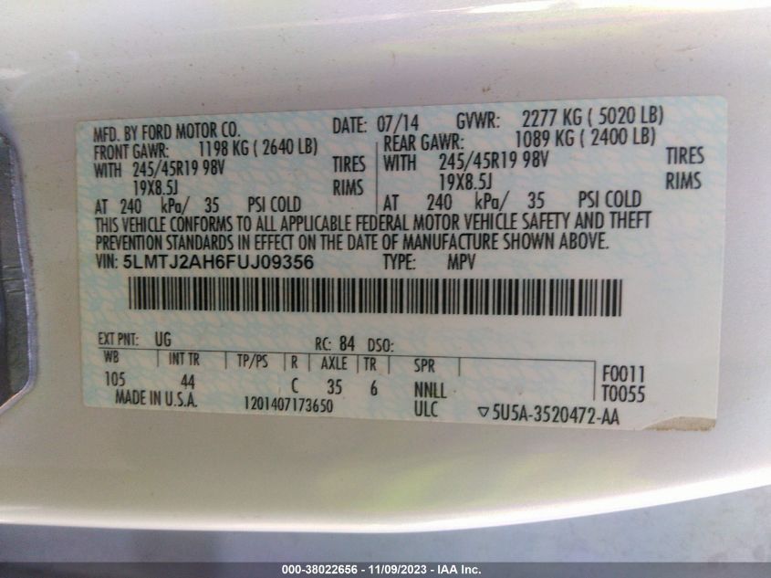 2015 LINCOLN MKC - 5LMTJ2AH6FUJ09356