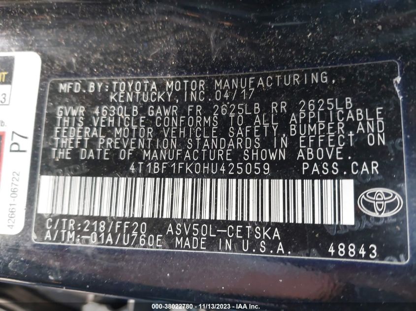 2017 TOYOTA CAMRY SE - 4T1BF1FK0HU425059