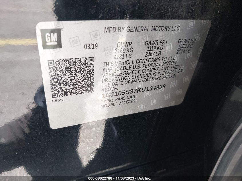 2019 CHEVROLET IMPALA PREMIER - 1G1105S37KU134839