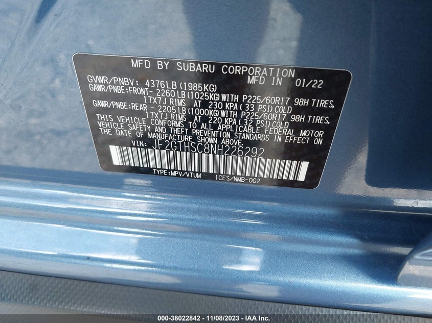 VIN JF2GTHSC8NH226292 2022 SUBARU CROSSTREK SPORT