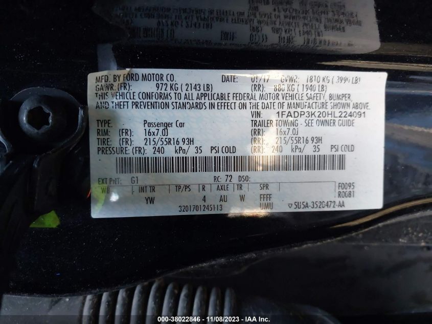 2017 FORD FOCUS SE - 1FADP3K20HL224091