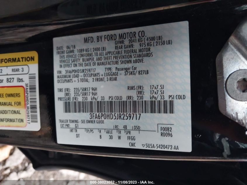 2018 FORD FUSION SE - 3FA6P0HD5JR259717