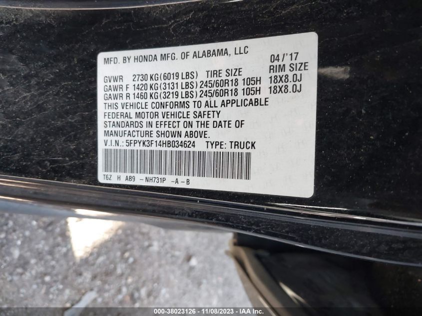 2017 HONDA RIDGELINE SPORT - 5FPYK3F14HB034624