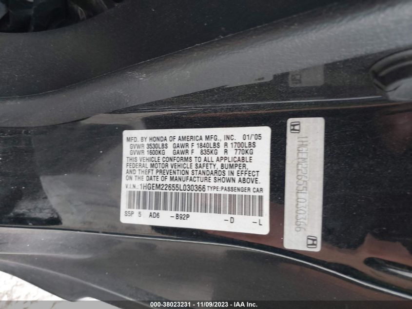 1HGEM22655L030366 | 2005 HONDA CIVIC