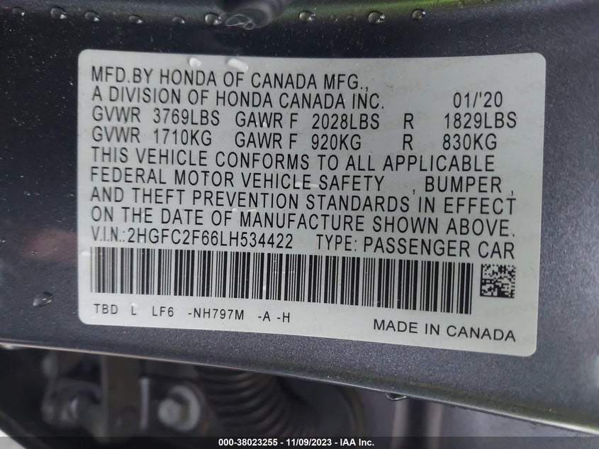 VIN 2HGFC2F66LH534422 2020 HONDA CIVIC LX