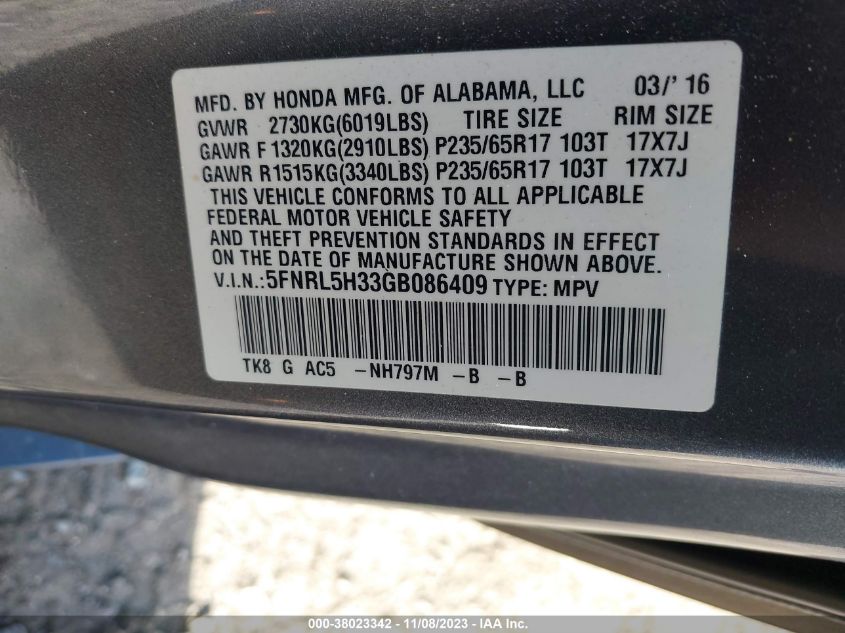 5FNRL5H33GB086409 2016 HONDA ODYSSEY, photo no. 9