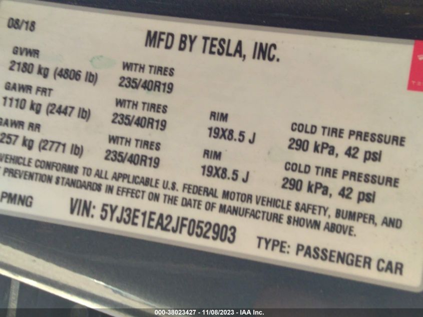 2018 TESLA MODEL 3 RANGE BATTERY - 5YJ3E1EA2JF052903