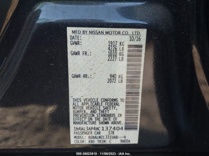 2017 NISSAN ALTIMA 2.5/S/SV/SL/SR - 1N4AL3AP4HC137404