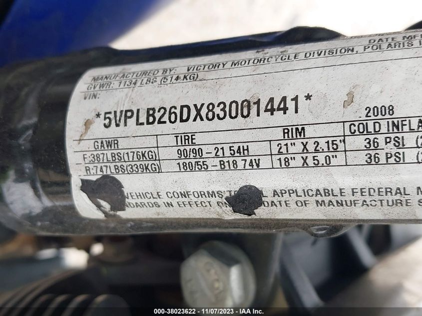 2008 VICTORY MOTORCYCLES VEGAS LOW 5VPLB26DX83001441