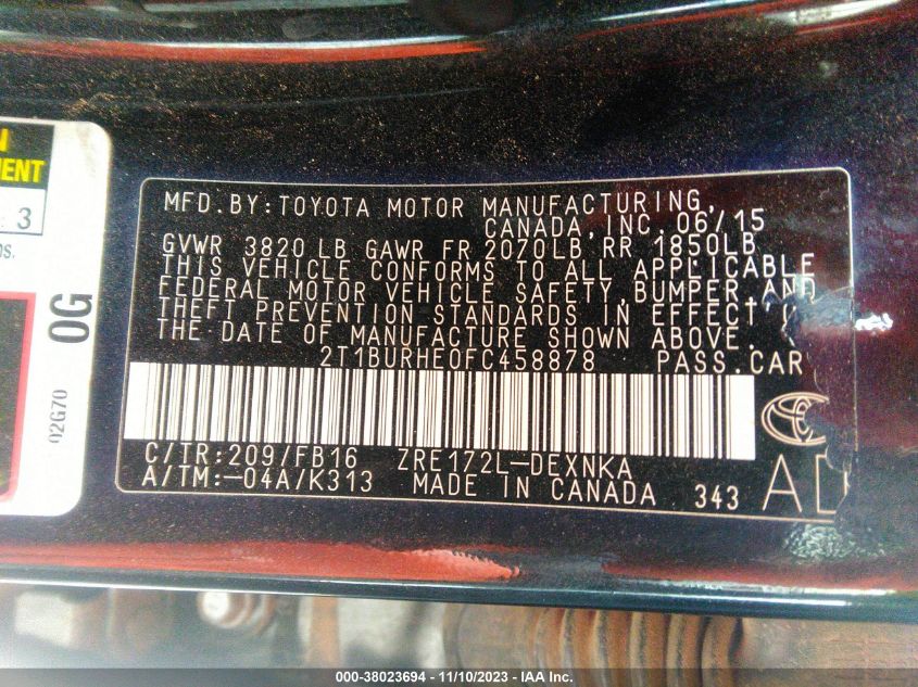 2015 TOYOTA COROLLA L/LE/LE PLS/PRM/S/S PLS - 2T1BURHE0FC458878