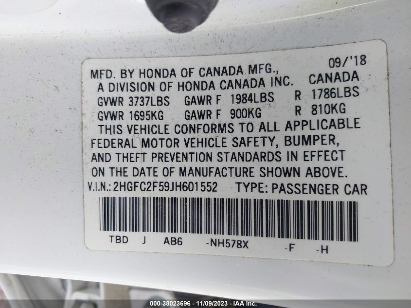 2018 HONDA CIVIC LX - 2HGFC2F59JH601552
