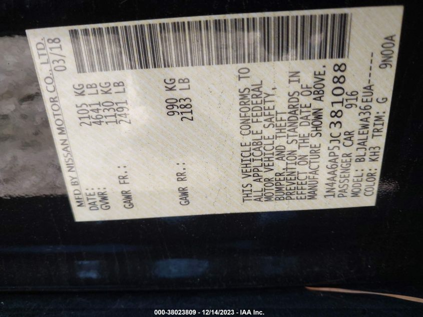 2018 NISSAN MAXIMA SL - 1N4AA6AP5JC381088