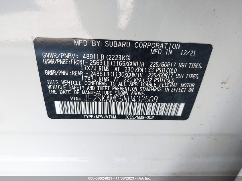 VIN JF2SKAMC5NH432509 2022 SUBARU FORESTER WILDERNESS