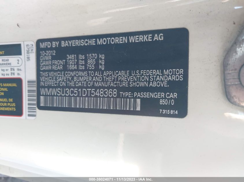 2013 MINI HARDTOP COOPER WMWSU3C51DT548368