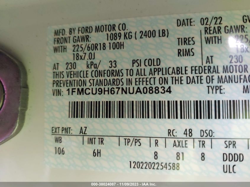 2022 FORD ESCAPE SEL - 1FMCU9H67NUA08834