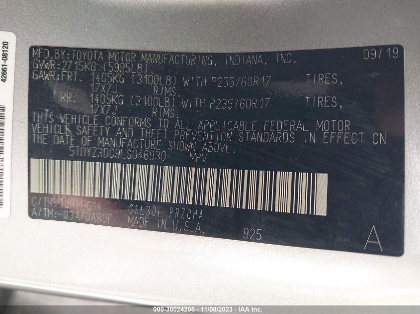 5TDYZ3DC9LS046930 2020 TOYOTA SIENNA, photo no. 9