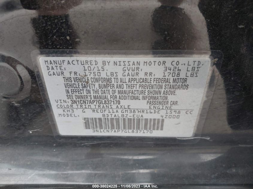 2016 NISSAN VERSA S/S PLUS/SV/SL - 3N1CN7AP7GL837170