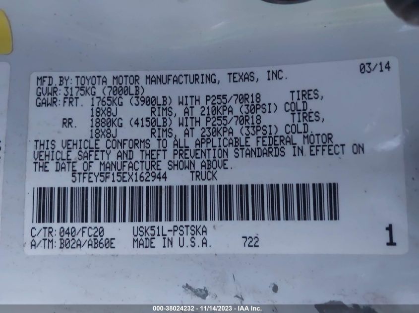 2014 TOYOTA TUNDRA SR5 5.7L V8 - 5TFEY5F15EX162944