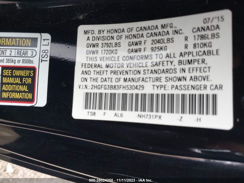 2015 HONDA CIVIC EX - 2HGFG3B83FH530429