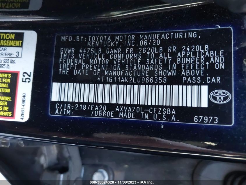 2020 TOYOTA CAMRY SE/SE NIGHT SHADE - 4T1G11AK2LU966358
